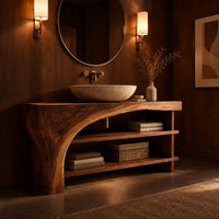 Bathroom vanity with a thick wood top, a sweeping arch support and open shelves in an evening bathroom with walnut wall paneling