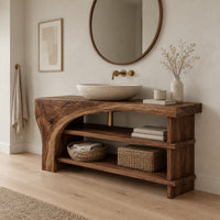 Bathroom vanity with a thick wood top, a sweeping arch support and open shelves in a Scandinavian bathroom with white walls