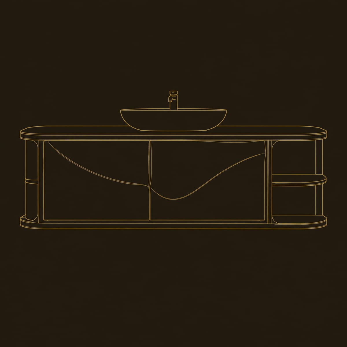 Sweeping Carved Door Floating Bathroom Vanity With Curved End Shelf dimension diagram