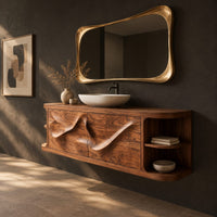Floating vanity with two sweeping carved doors and curved open end shelves, three-quarter view showing the grain