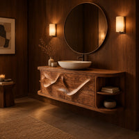 Floating vanity with two sweeping carved doors and curved open end shelves in an evening bathroom with walnut wall paneling