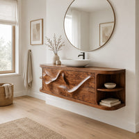 Floating vanity with two sweeping carved doors and curved open end shelves in a Scandinavian bathroom with white walls