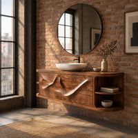 Floating vanity with two sweeping carved doors and curved open end shelves in an industrial loft bathroom with exposed brick