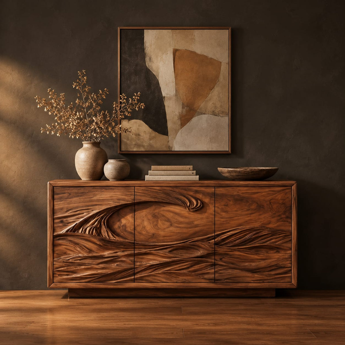 Three door sideboard carved with one long curling wave in a dark studio against a charcoal plaster wall