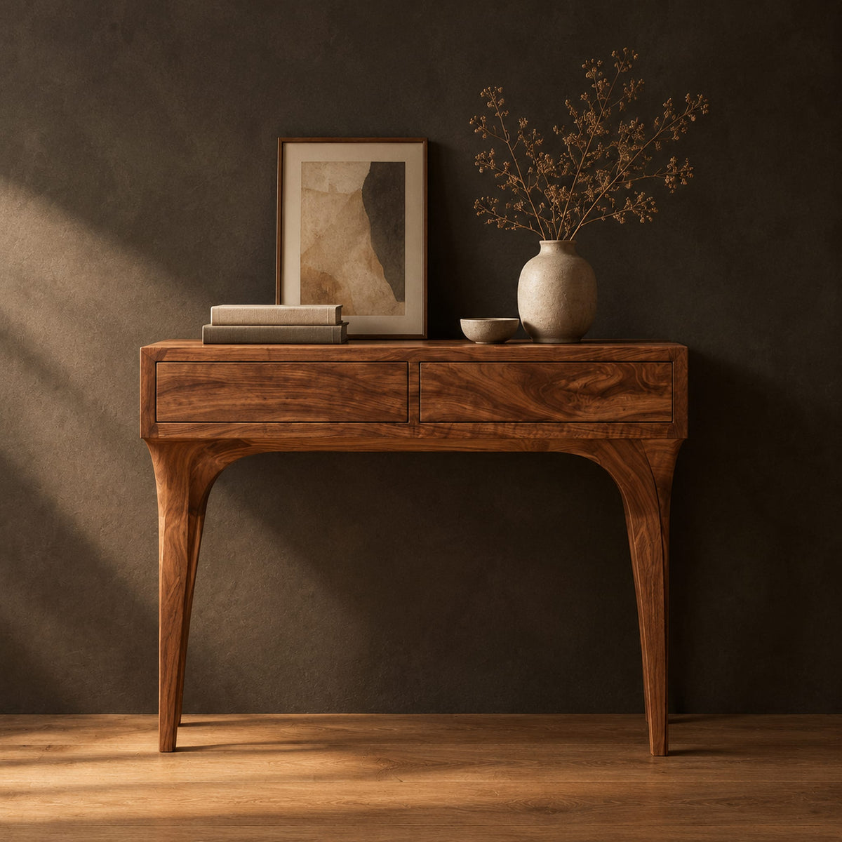 Console table with two front panels and sweeping tapered legs in a dark studio against a charcoal plaster wall