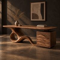 Long desk with a swooping loop base and a wave carved cabinet, three-quarter view showing the grain
