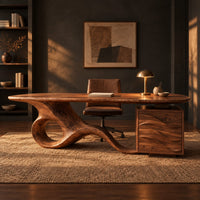 Long desk with a swooping loop base and a wave carved cabinet in a dark home office at golden hour