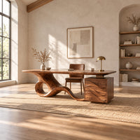 Long desk with a swooping loop base and a wave carved cabinet in a bright open plan home office
