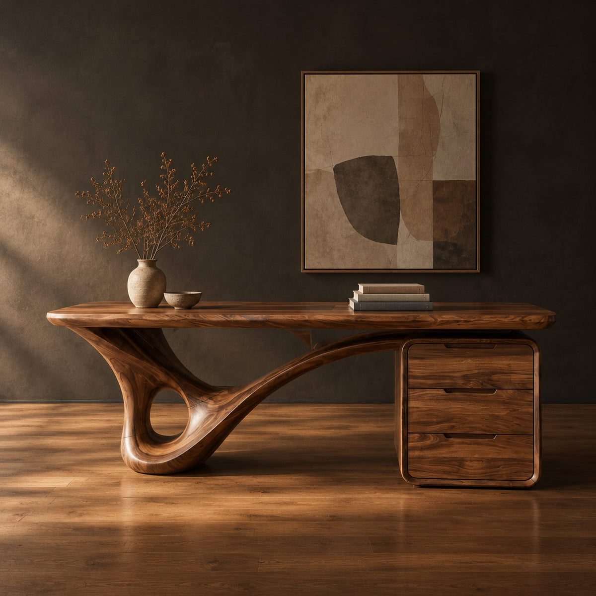 Desk with a looping sculpted leg and a three drawer pedestal in a dark studio against a charcoal plaster wall