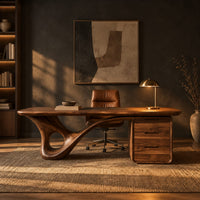 Desk with a looping sculpted leg and a three drawer pedestal in a dark home office at golden hour