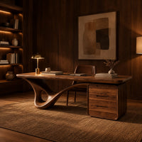 Desk with a looping sculpted leg and a three drawer pedestal in an evening home office with walnut wall paneling