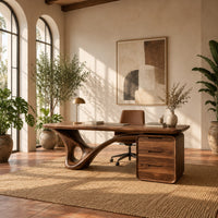 Desk with a looping sculpted leg and a three drawer pedestal in a bright home office with arched windows and plants