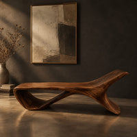 Low sweeping bench with an open loop underside and a raised end, three-quarter view showing the grain