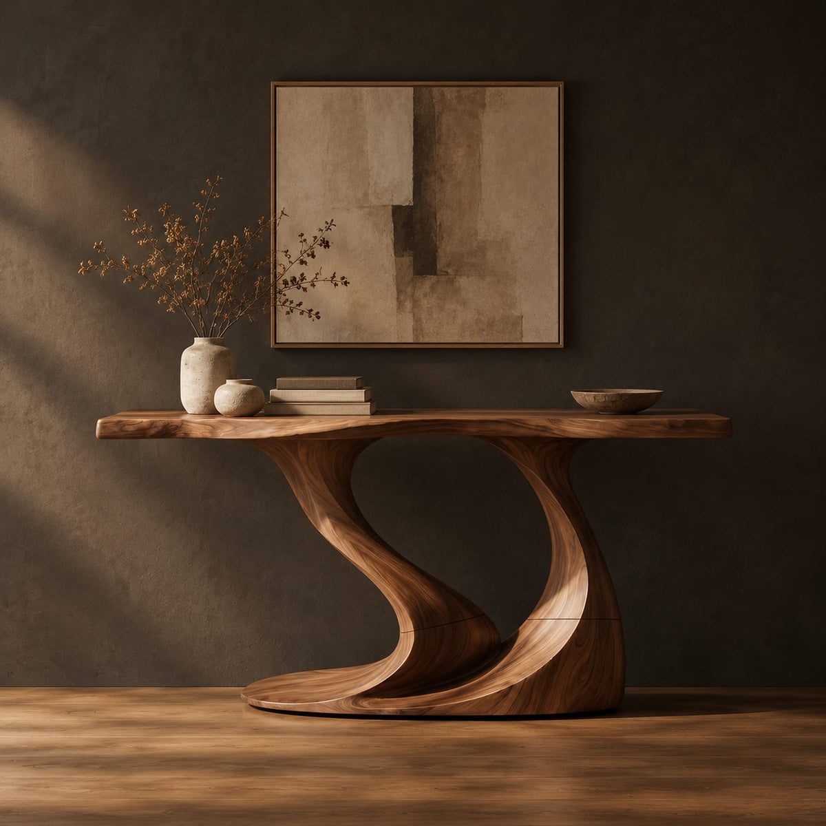 Console table with a slim top on one sweeping sculpted pedestal in a dark studio against a charcoal plaster wall