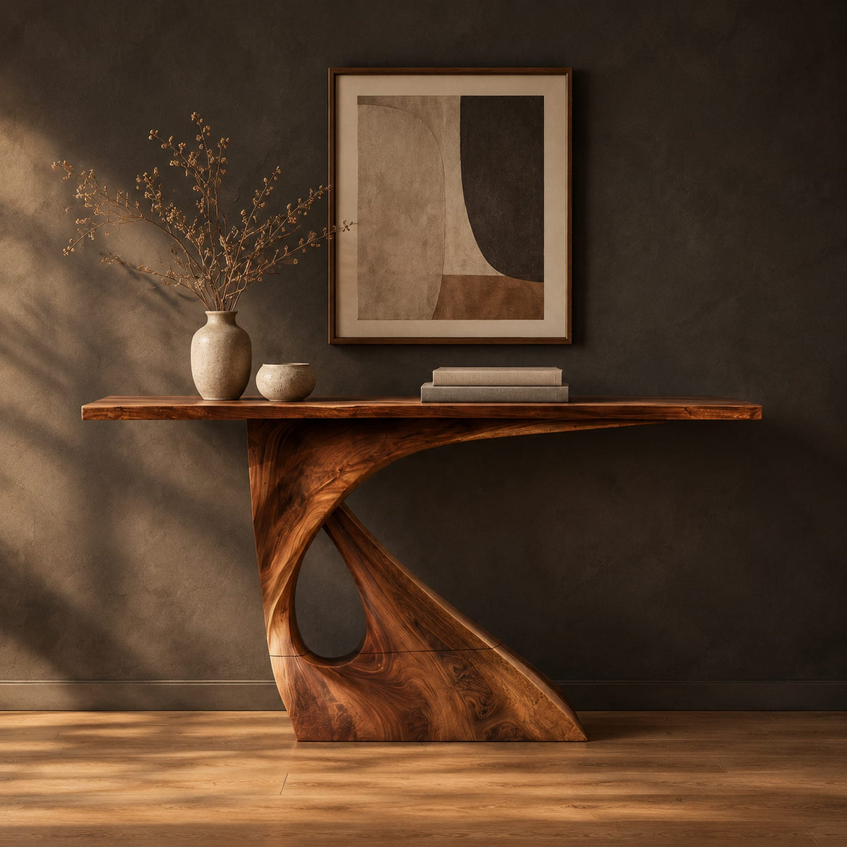 Console table with a slim top on a single pedestal pierced by a teardrop in a dark studio against a charcoal plaster wall