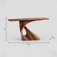 Sweeping Pedestal Console Table With Teardrop Opening dimension diagram with width, height and depth