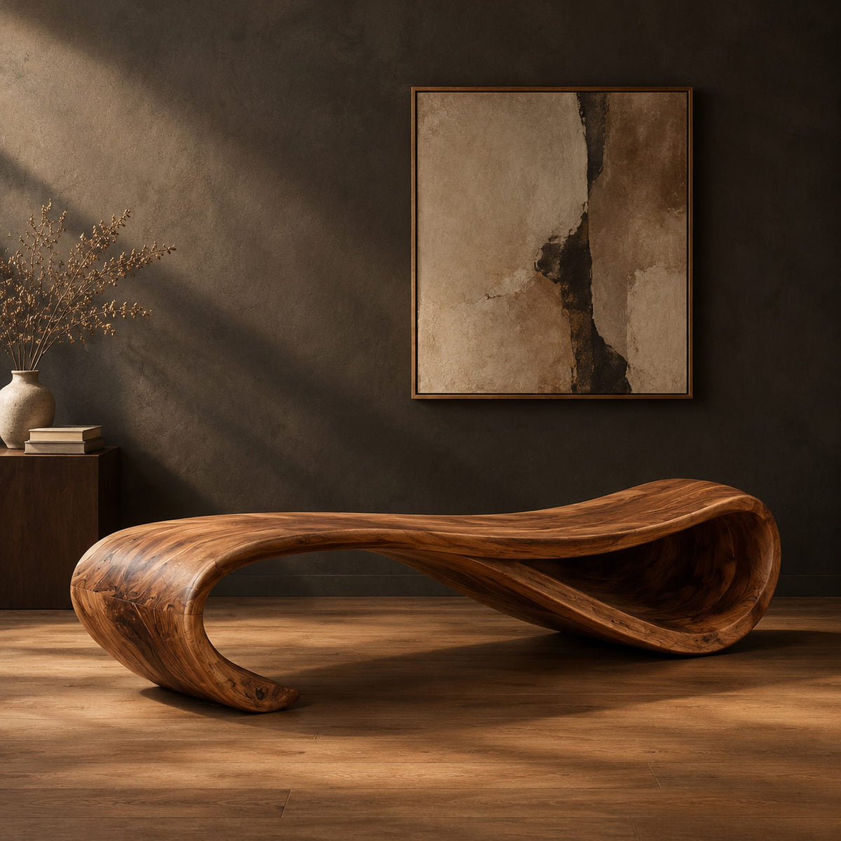 Long wooden bench shaped like a ribbon with a rolled end in a dark studio against a charcoal plaster wall