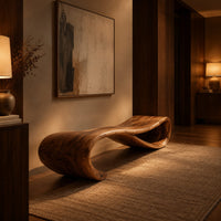 Long wooden bench shaped like a ribbon with a rolled end in an evening entryway with walnut wall paneling