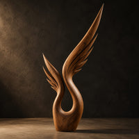 Wood sculpture of a swept wing with carved feather grooves and an open loop, three-quarter view showing the grain