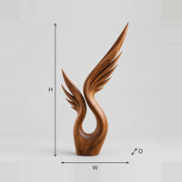 Swept Wing Wood Sculpture With Feather Lines And Open Loop dimension diagram with width, height and depth
