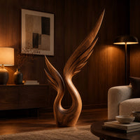 Wood sculpture of a swept wing with carved feather grooves and an open loop in an evening living room with walnut wall paneling