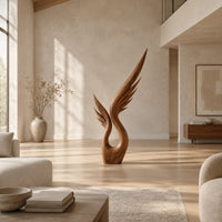 Wood sculpture of a swept wing with carved feather grooves and an open loop in a bright open plan living room