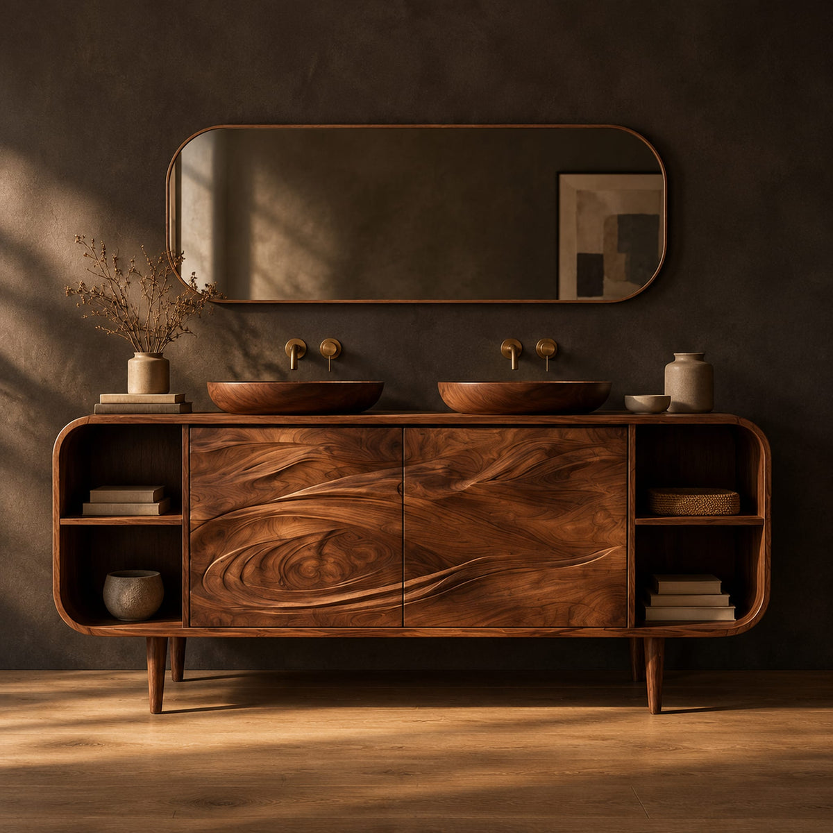 Bathroom vanity cabinet with swirl carved doors, open end shelves and slim legs in a dark studio against a charcoal plaster wall
