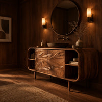 Bathroom vanity cabinet with swirl carved doors, open end shelves and slim legs in an evening bathroom with walnut wall paneling
