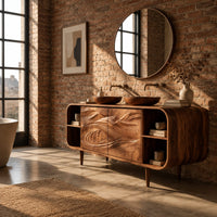 Bathroom vanity cabinet with swirl carved doors, open end shelves and slim legs in an industrial loft bathroom with exposed brick