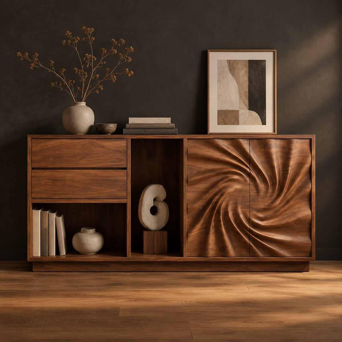 Wooden sideboard with a swirl carved door panel and open cubbies in a dark studio against a charcoal plaster wall