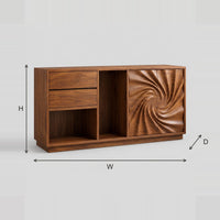 Swirl Carved Door Sideboard With Open Cubbies dimension diagram with width, height and depth