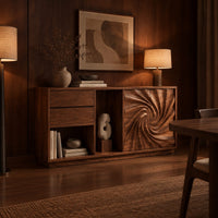 Wooden sideboard with a swirl carved door panel and open cubbies in an evening dining room with walnut wall paneling