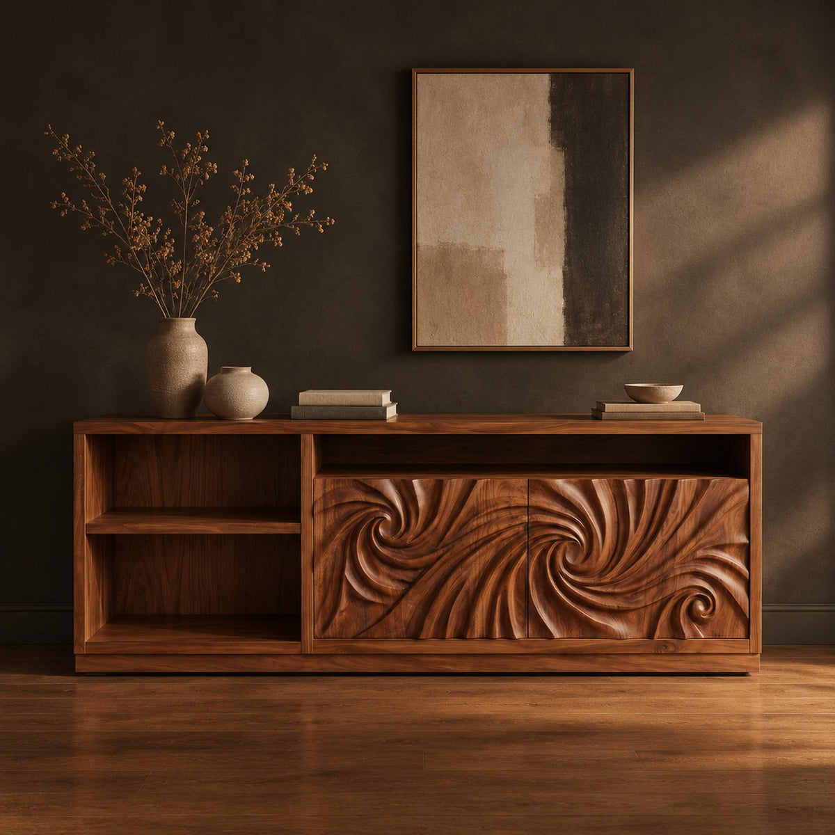 Sideboard with two swirl carved doors and open shelf bays at one end in a dark studio against a charcoal plaster wall