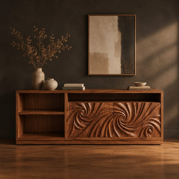 Swirl Carved Sideboard, Two Doors, Open Shelf Bays