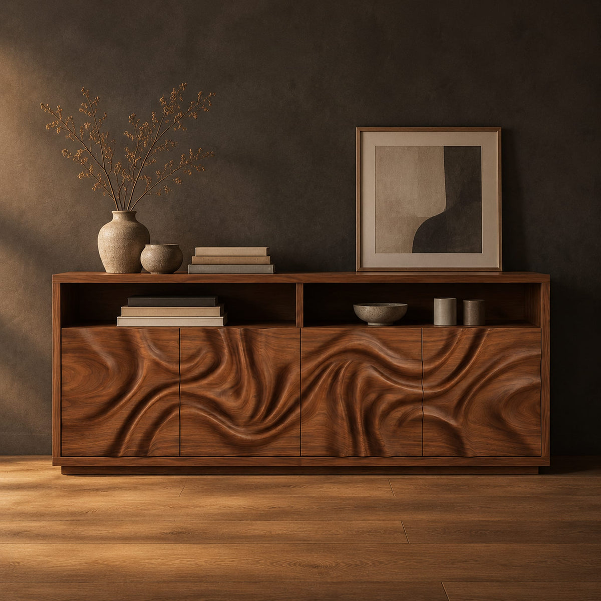 Wood sideboard with swirl carved front panels and two open shelves along the top in a dark studio against a charcoal plaster wall
