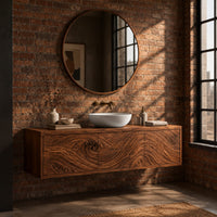 Wall mounted bathroom vanity cabinet with three swirl carved front panels in an industrial loft bathroom with exposed brick