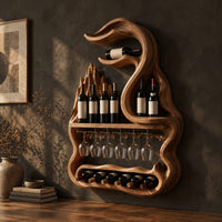 Freeform wine rack with a swirling top, a stemware rail and a lower bay, three-quarter view showing the grain