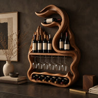 Corner detail of freeform wine rack with a swirling top, a stemware rail and a lower bay beside wood, brass and linen samples