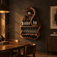 Freeform wine rack with a swirling top, a stemware rail and a lower bay in a dark dining room at golden hour