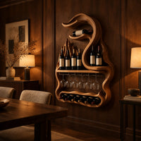 Freeform wine rack with a swirling top, a stemware rail and a lower bay in an evening dining room with walnut wall paneling