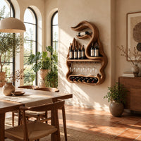 Freeform wine rack with a swirling top, a stemware rail and a lower bay in a bright dining room with arched windows and plants