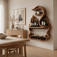Freeform wine rack with a swirling top, a stemware rail and a lower bay in a Scandinavian dining room with white walls