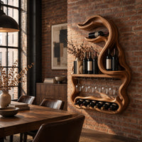 Freeform wine rack with a swirling top, a stemware rail and a lower bay in an industrial loft dining room with exposed brick