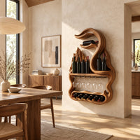 Freeform wine rack with a swirling top, a stemware rail and a lower bay in a bright open plan dining room