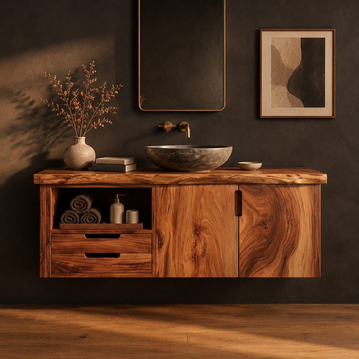 Floating vanity with swirling grain doors, two drawers and an open cubby in a dark studio against a charcoal plaster wall