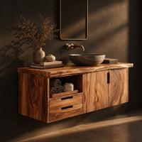 Floating vanity with swirling grain doors, two drawers and an open cubby, three-quarter view showing the grain