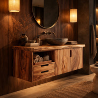 Floating vanity with swirling grain doors, two drawers and an open cubby in an evening bathroom with walnut wall paneling