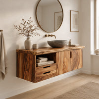 Floating vanity with swirling grain doors, two drawers and an open cubby in a Scandinavian bathroom with white walls