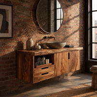 Floating vanity with swirling grain doors, two drawers and an open cubby in an industrial loft bathroom with exposed brick