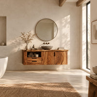 Floating vanity with swirling grain doors, two drawers and an open cubby in a bright open plan bathroom